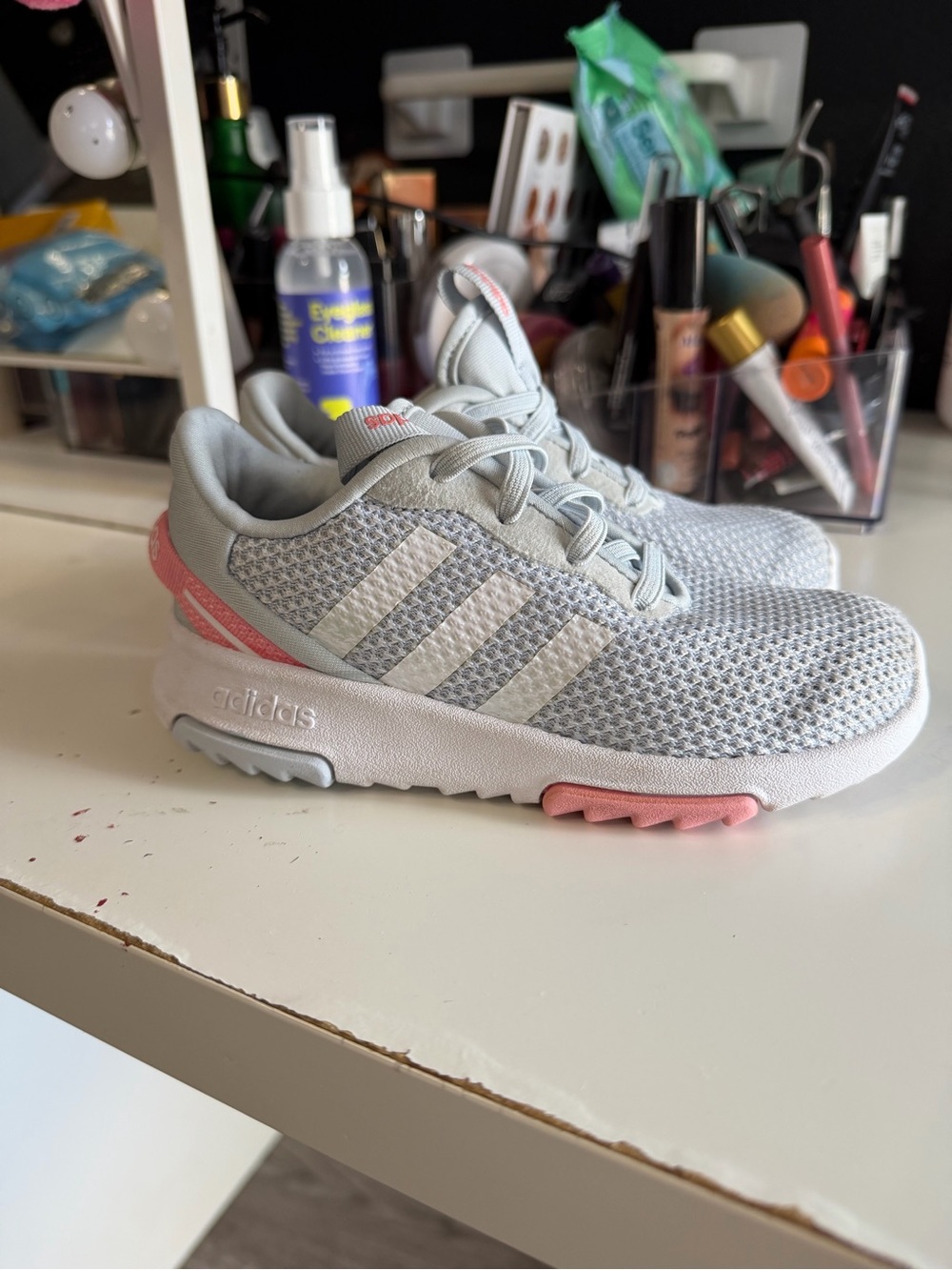 Adidas Kids Light Gray and Pink Mesh Sneakers